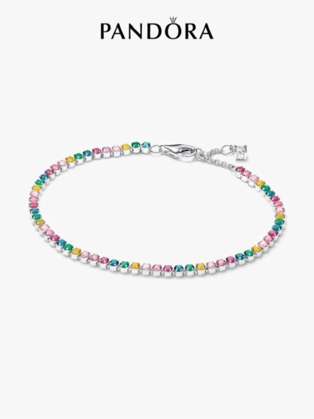 Pandora Sterling Silver Bracelet with Pink, Blue, Green & Yellow Stones